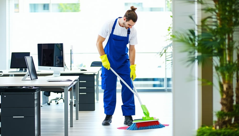 Professional cleaner tidying up a modern office space