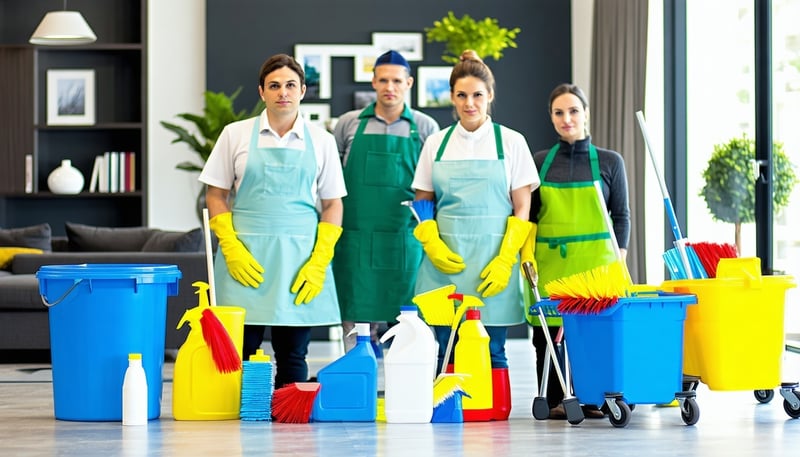 Professional cleaners at work in a modern home and office setting.